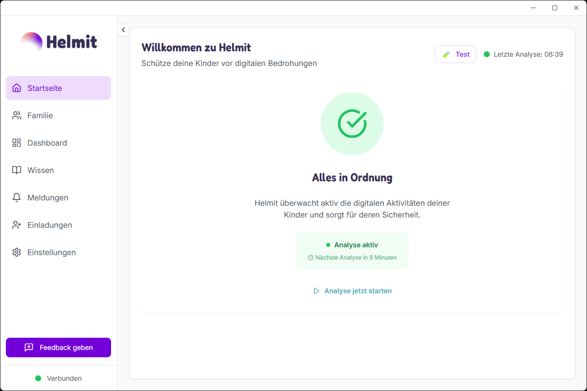 Helmit Startübersicht mit Status Alles in Ordnung